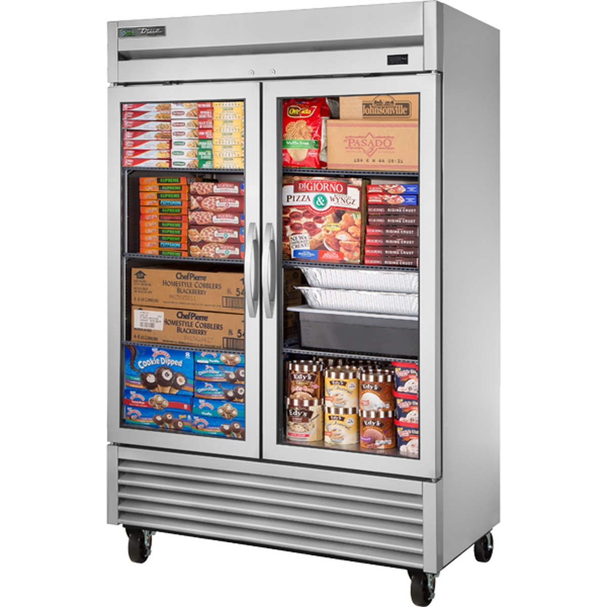 True TS-49FG-HC~FGD01 two-section reach-in freezer with framed glass doors fully stocked with frozen food products