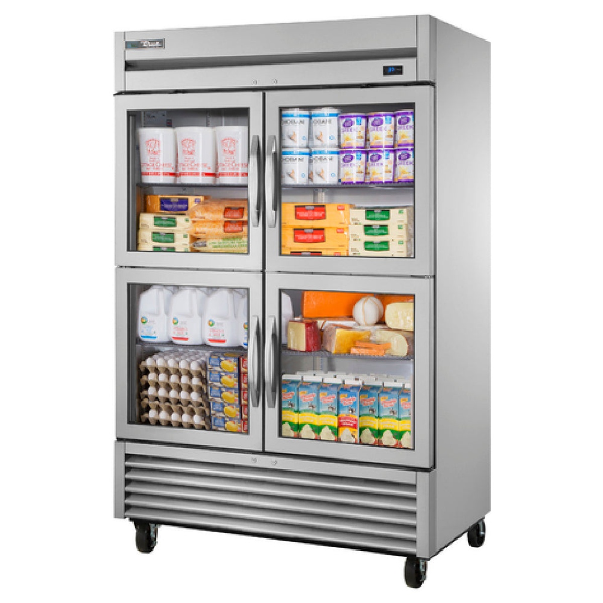 Front view of True TS-49G-4-HC~FGD01 stainless steel refrigerator on casters