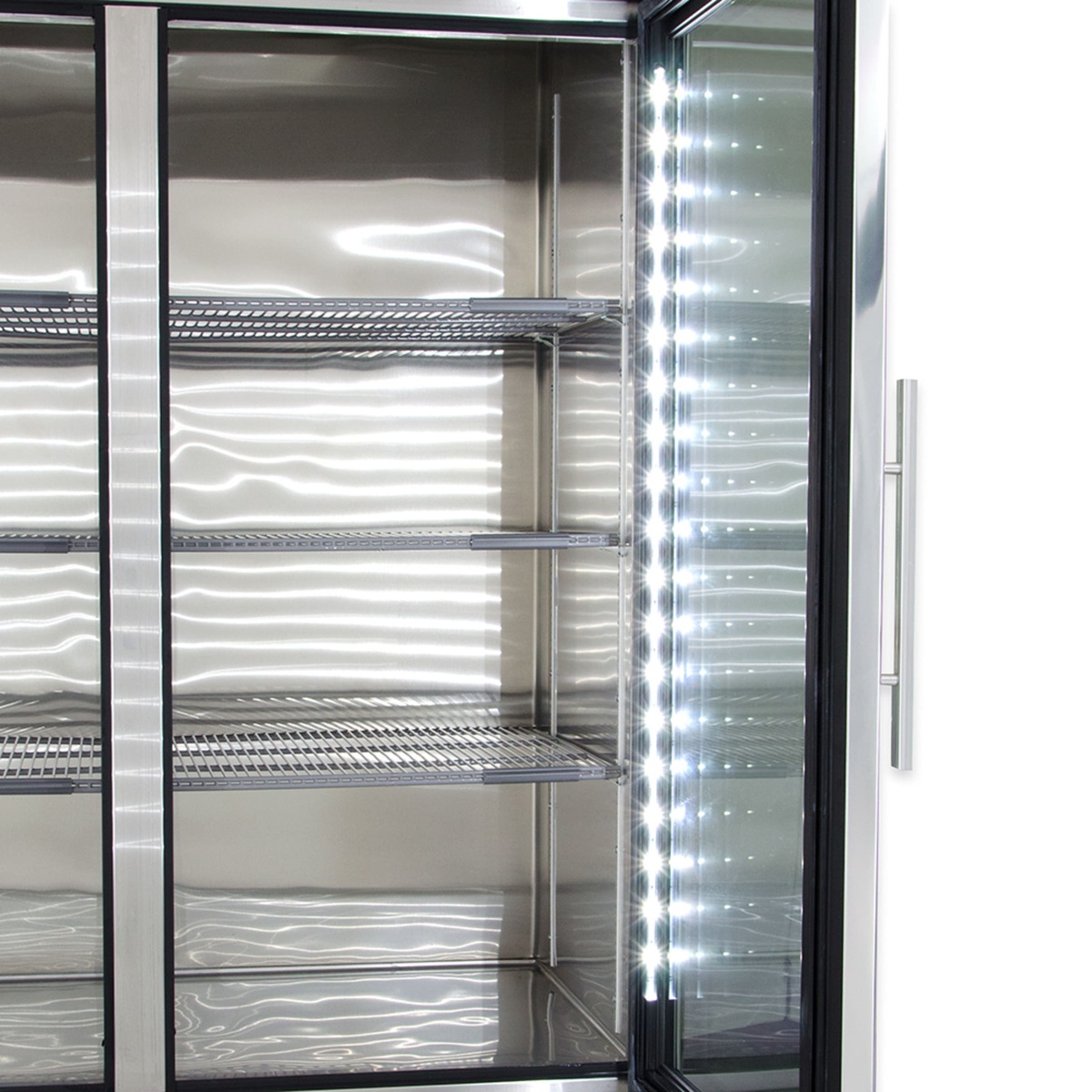 Close-up of LED light strip inside True glass door refrigerator