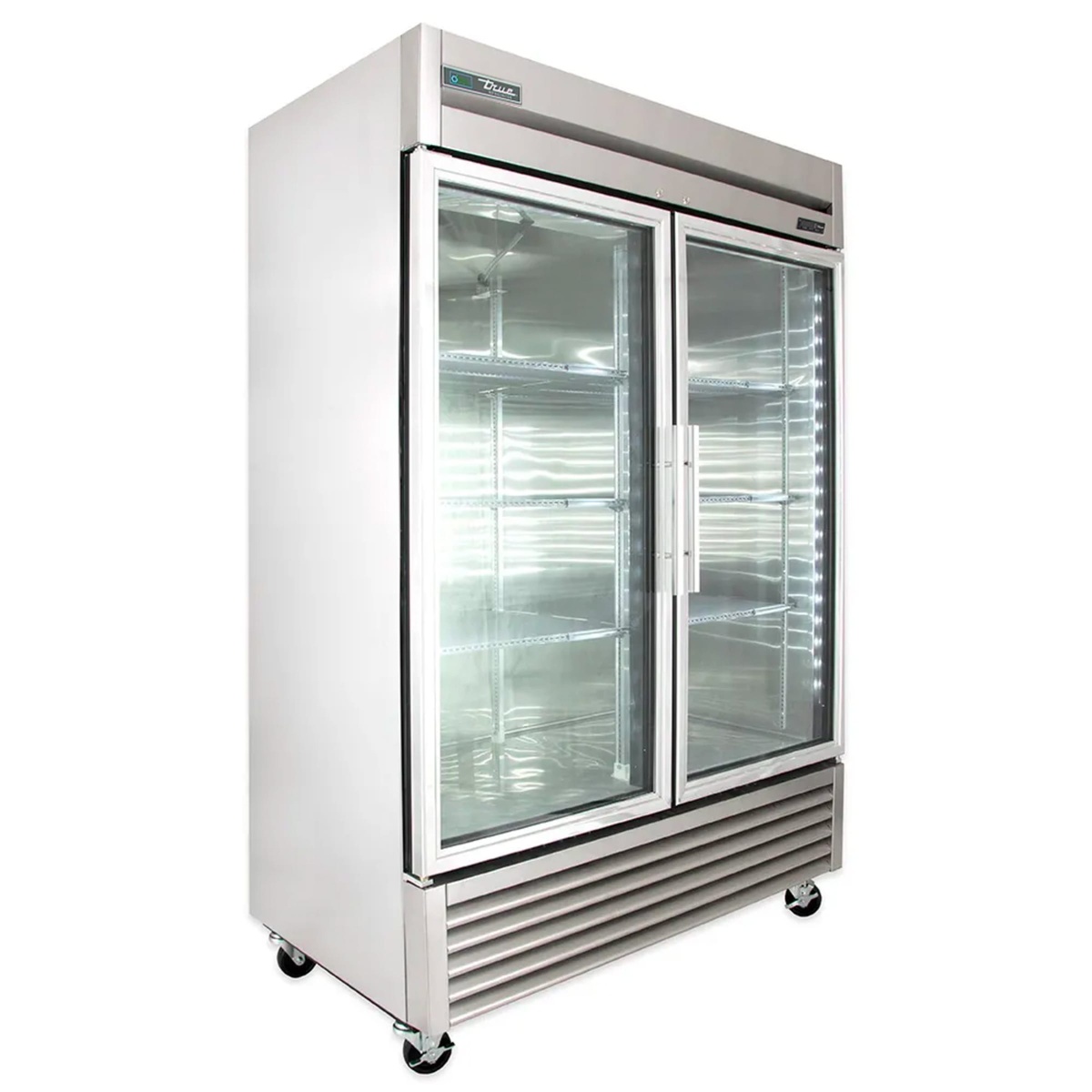 Angled view of True glass door refrigerator showing stainless exterior and framed glass doors
