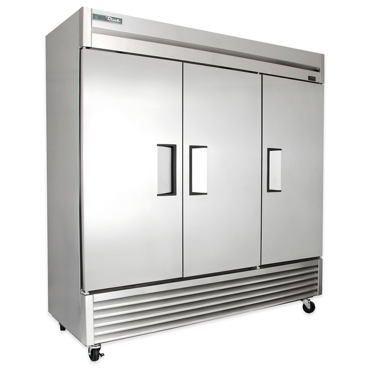 Front view of True TS-72-HC three door solid reach-in refrigerator