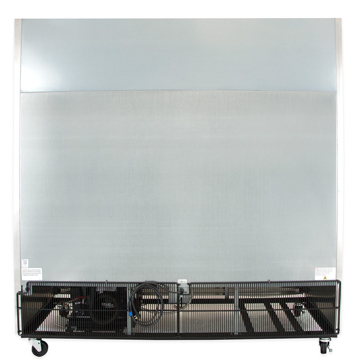 Rear view of refrigerator showing bottom-mounted condensing unit area