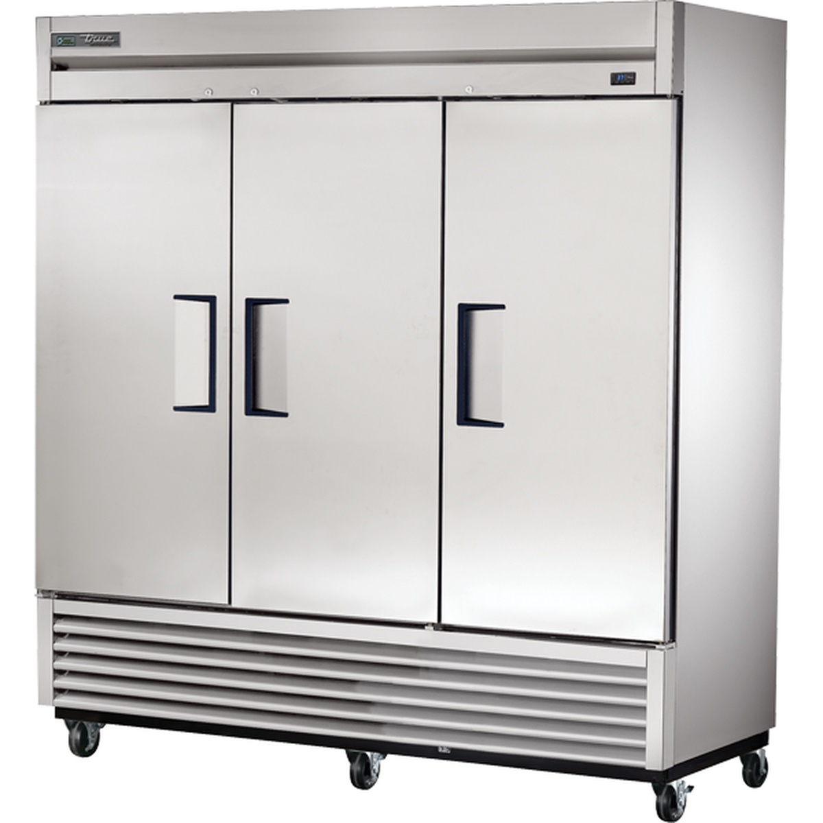 True Mfg TS-72-HC three-section solid door stainless steel reach-in refrigerator on casters, front and side view