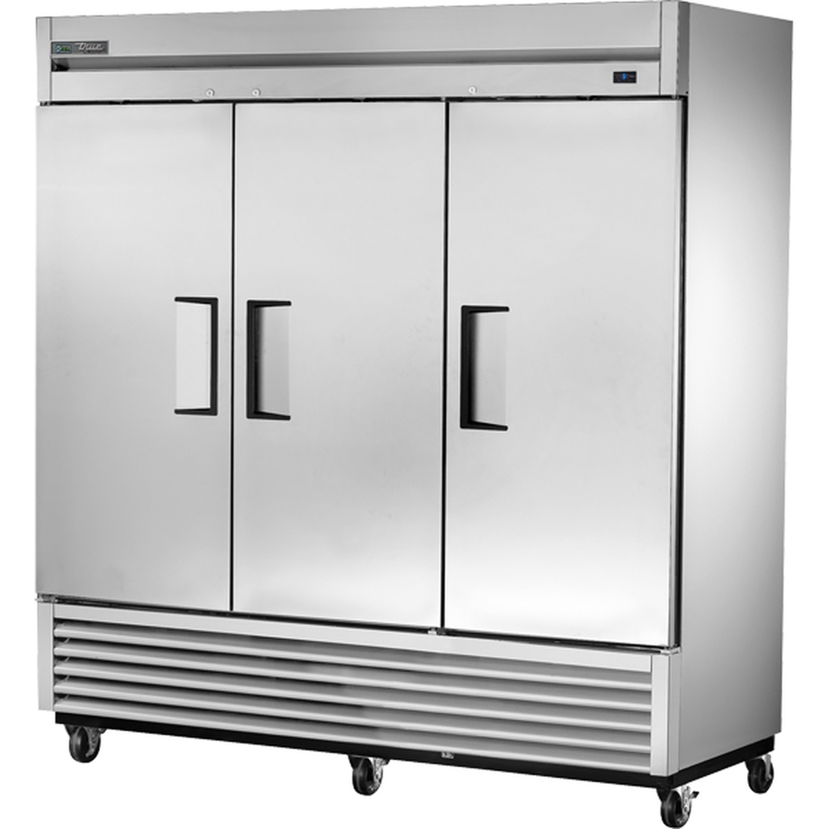 True Manufacturing TS-72F-HC three-section stainless steel reach-in freezer with three solid swing doors and bottom-mounted casters
