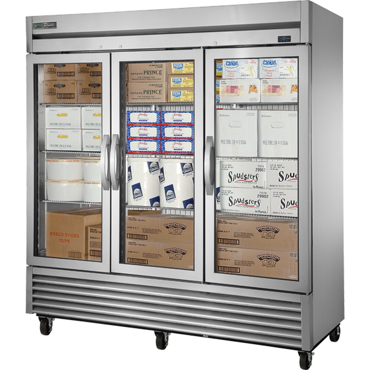 True Mfg. TS-72FG-HC~FGD01 three-section stainless steel reach-in freezer with framed glass swing doors and castor-mounted base, loaded with frozen food products