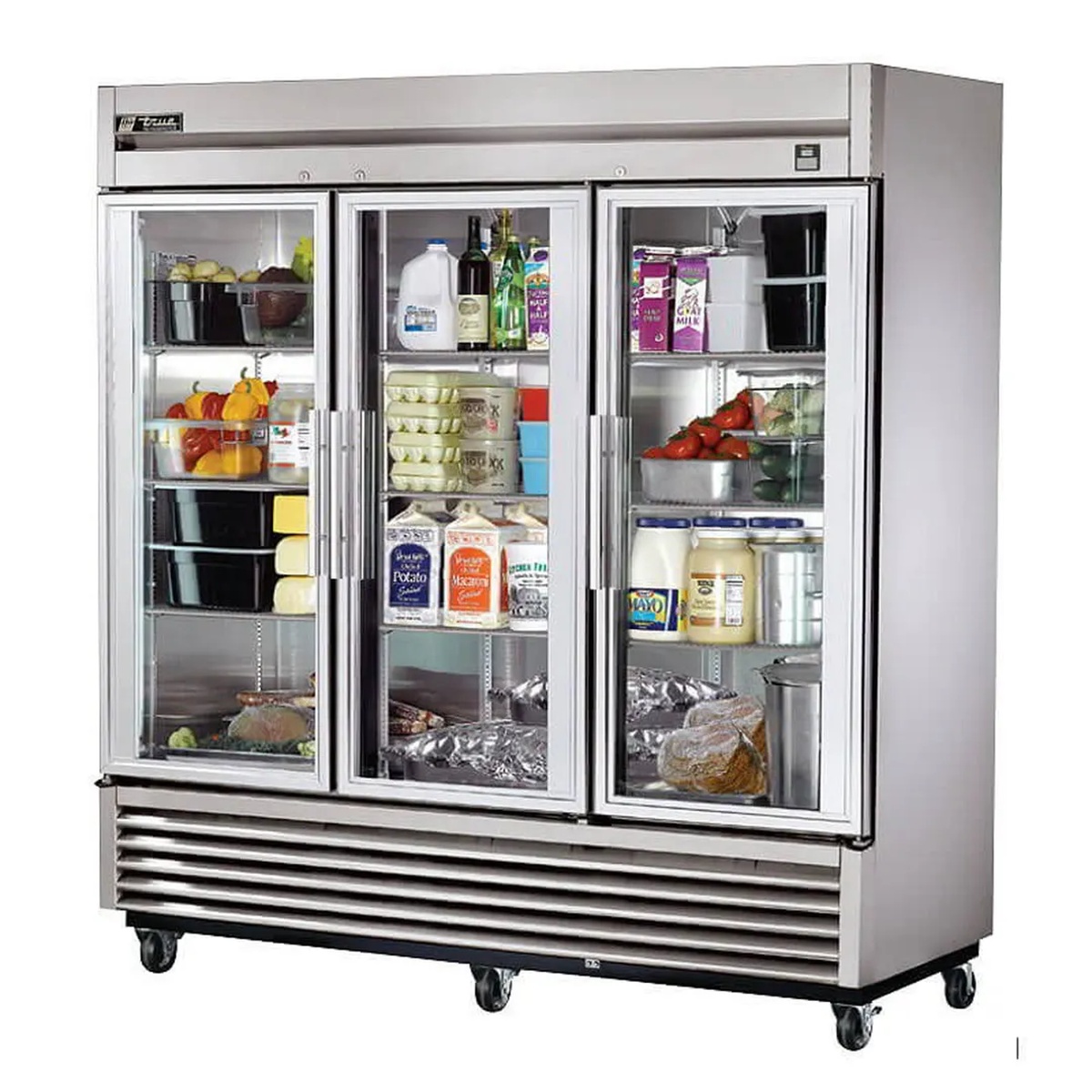 True TS-72G-HC~FGD01 three glass door reach-in refrigerator with product loaded on shelves