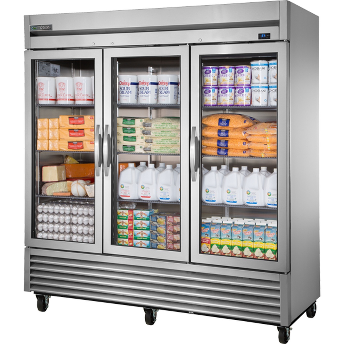 True TS-72G-HC~FGD01 three-section stainless steel reach-in refrigerator with three framed glass swing doors fully loaded with dairy products on PVC-coated wire shelves