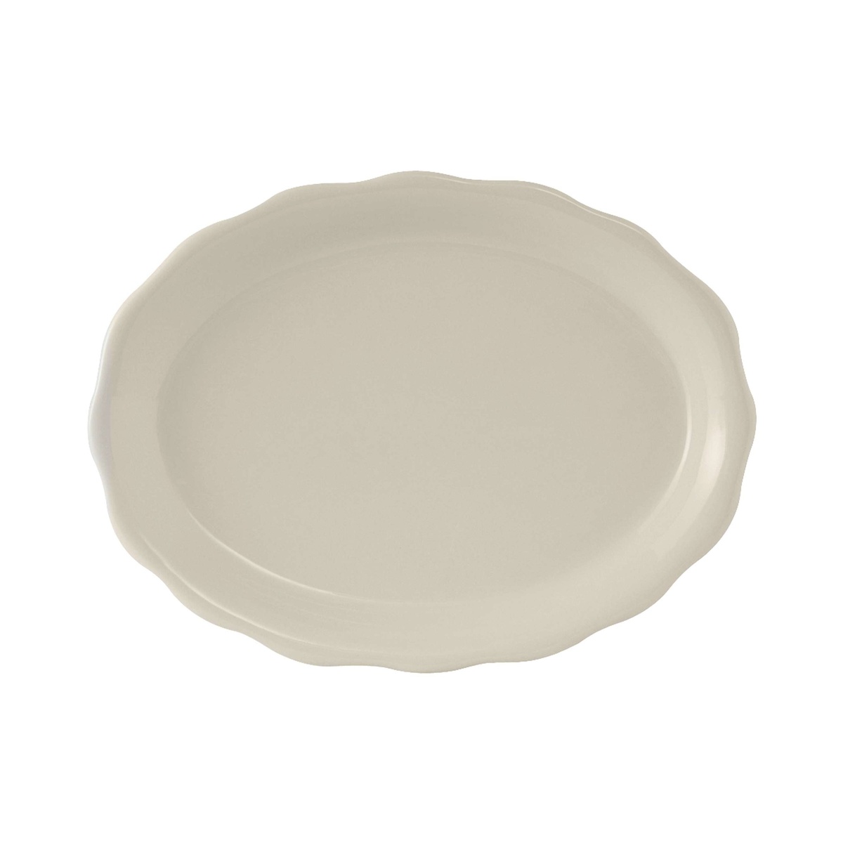 Tuxton Shell oval platter with scalloped edge shown on a white background