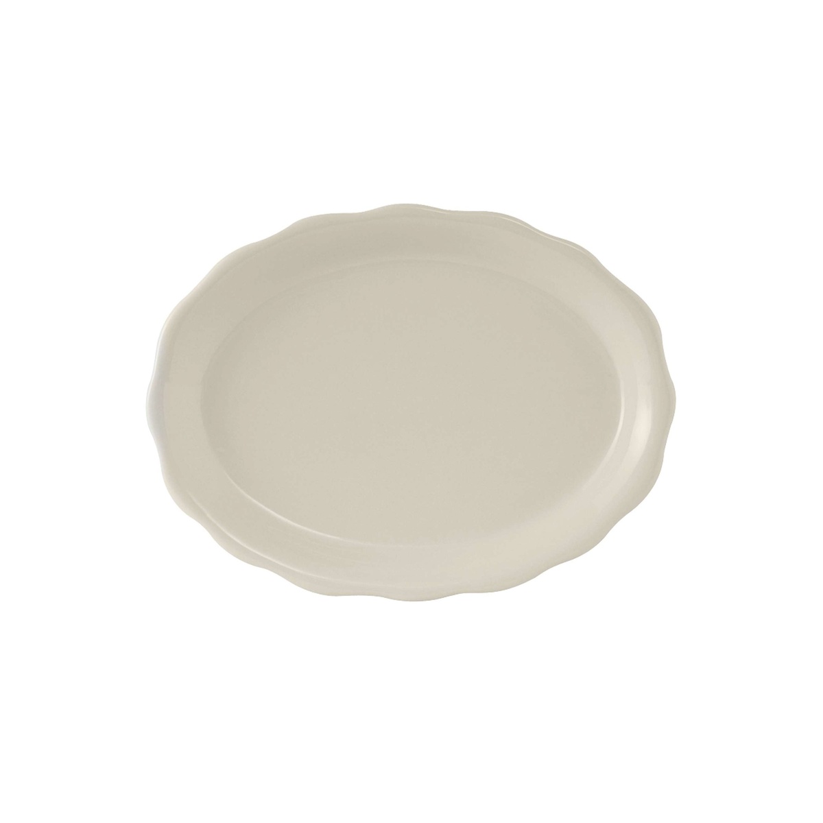 Tuxton Shell collection eggshell scalloped edge oval china platter, smaller size variant, top-down view