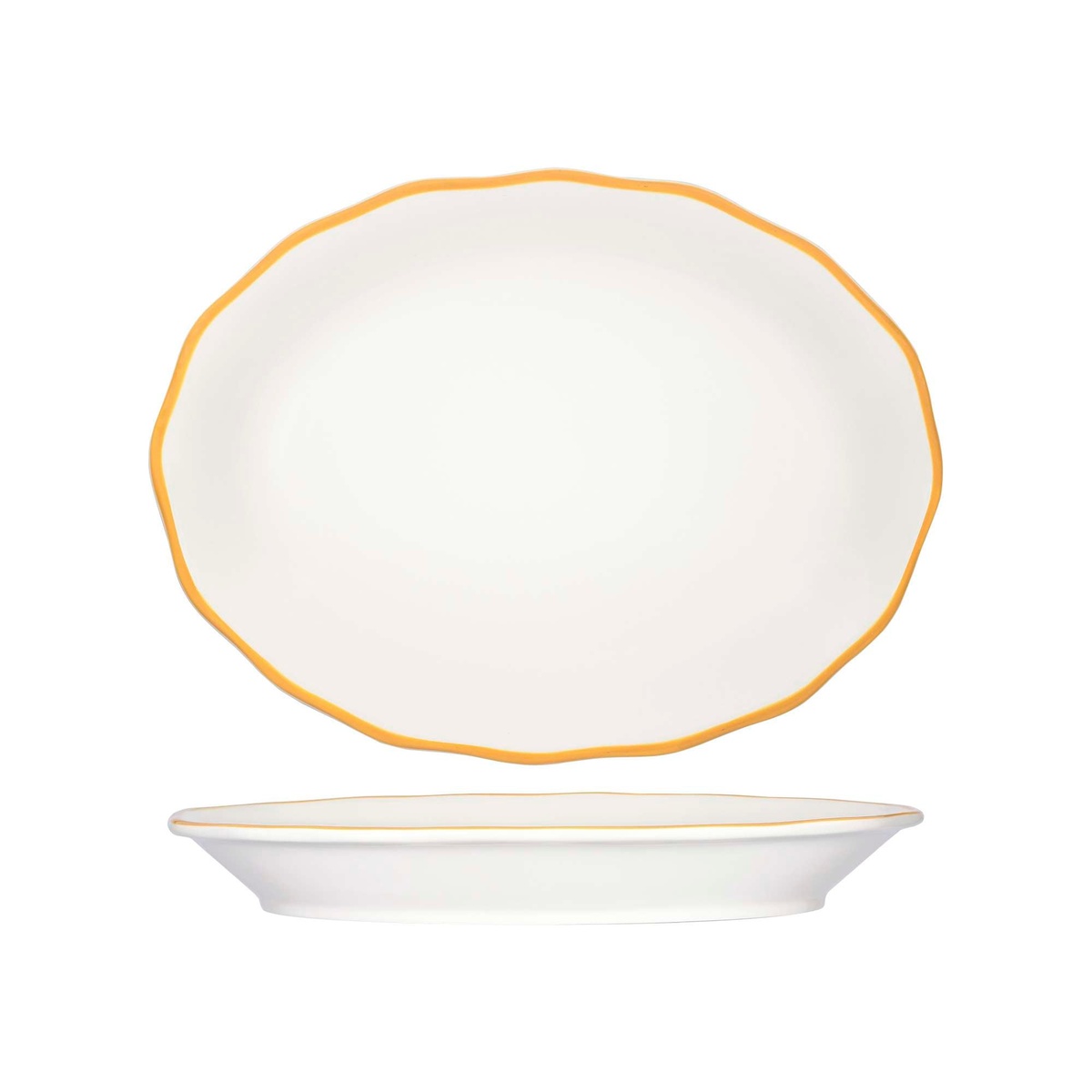 Tuxton Shell collection oval china platter with gold scalloped rim, top and side profile views