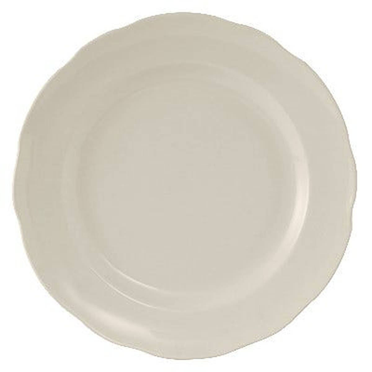Tuxton TSC-016 eggshell scalloped edge china plate, top-down view showing rippled rim detail
