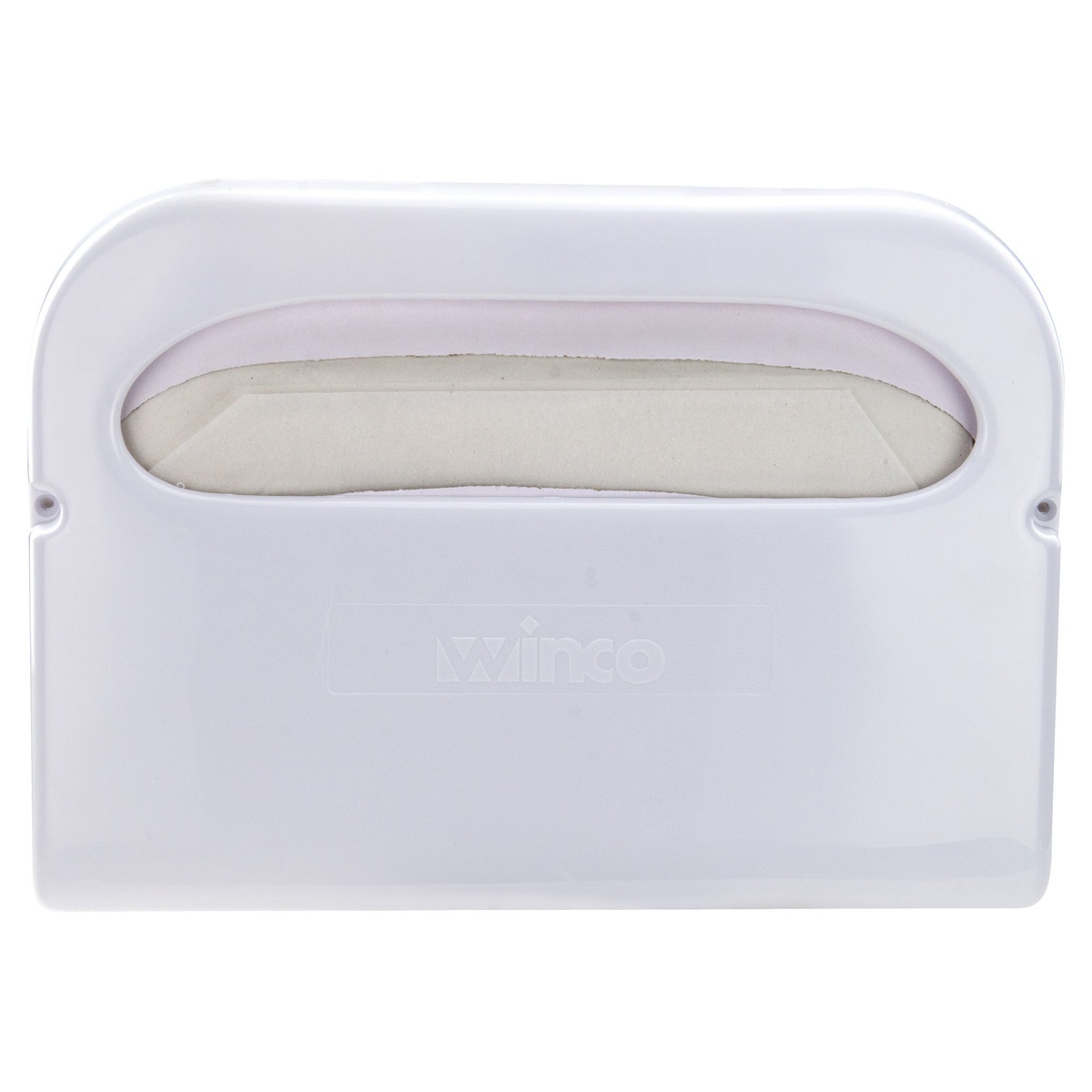 Winco TSC-10 white ABS plastic half-fold toilet seat cover dispenser with clear supply window, front view on white background