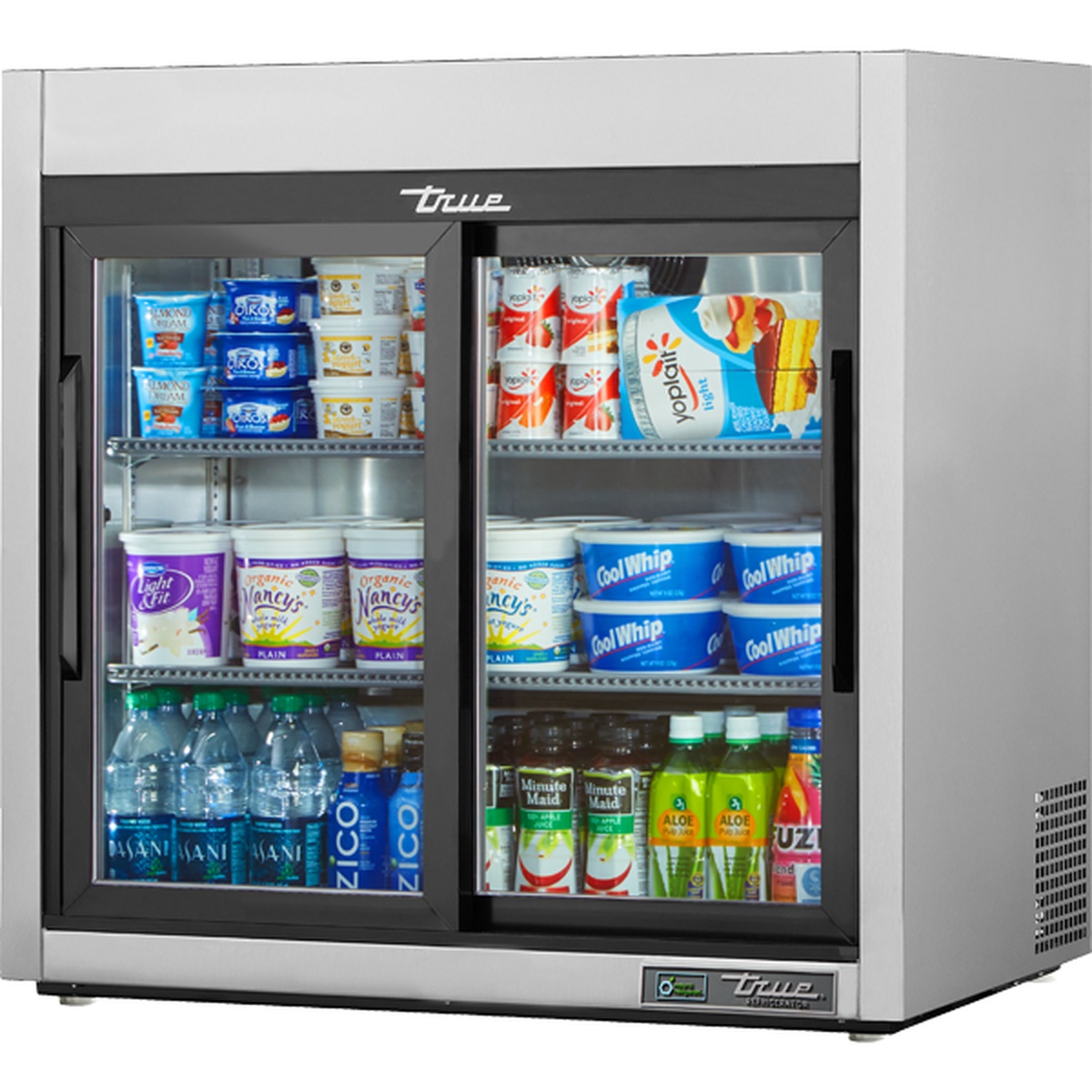 True TSD-09G-HC-LD countertop merchandiser refrigerator with two sliding glass doors, stocked with yogurt, beverages, and grab-and-go items on three shelves