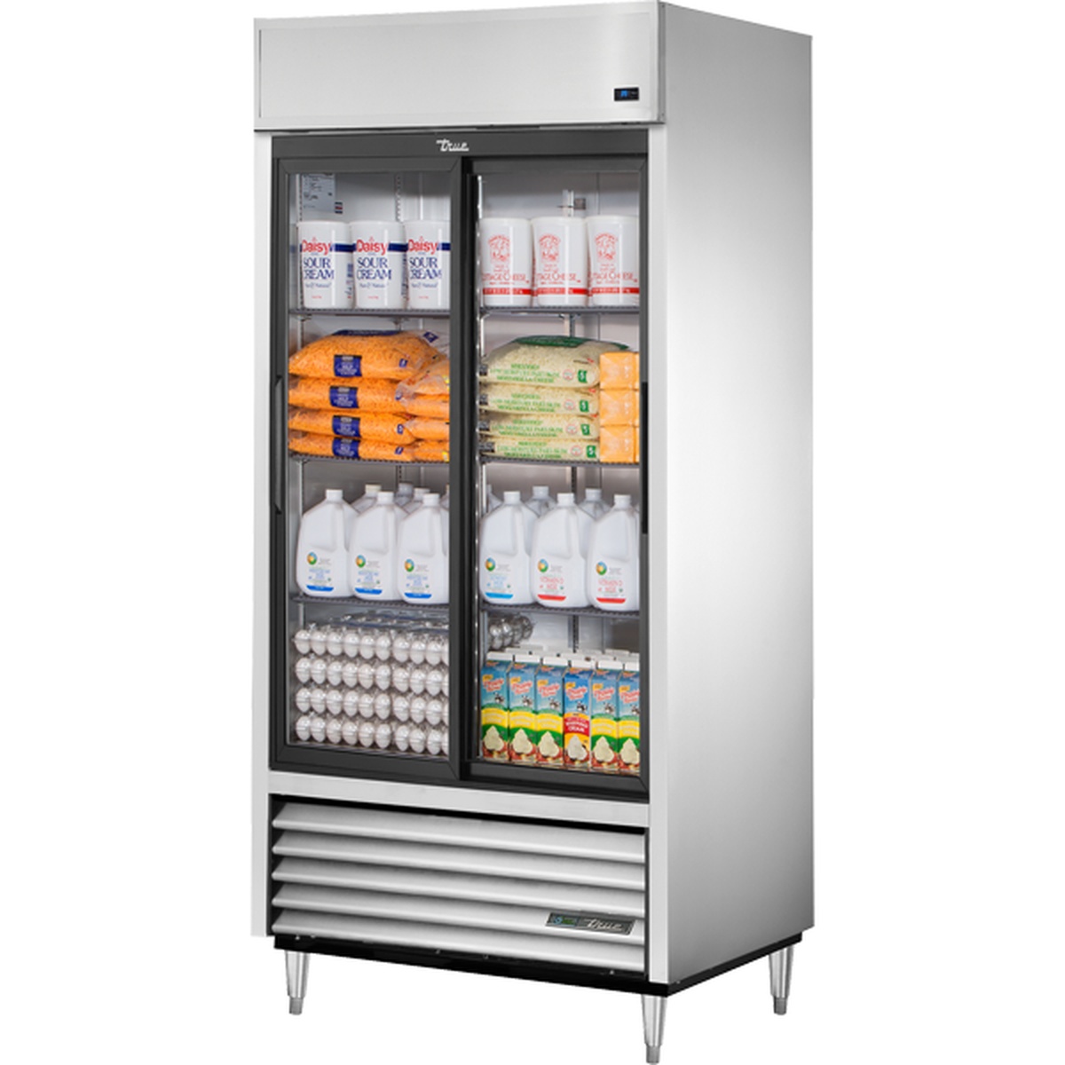True TSD-33G-HC-LD two-section reach-in refrigerator with sliding glass doors and stocked adjustable wire shelves