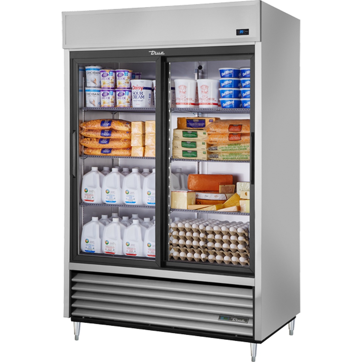 True TSD-47G-HC-LD two-section reach-in refrigerator with dual sliding glass doors and stainless steel exterior
