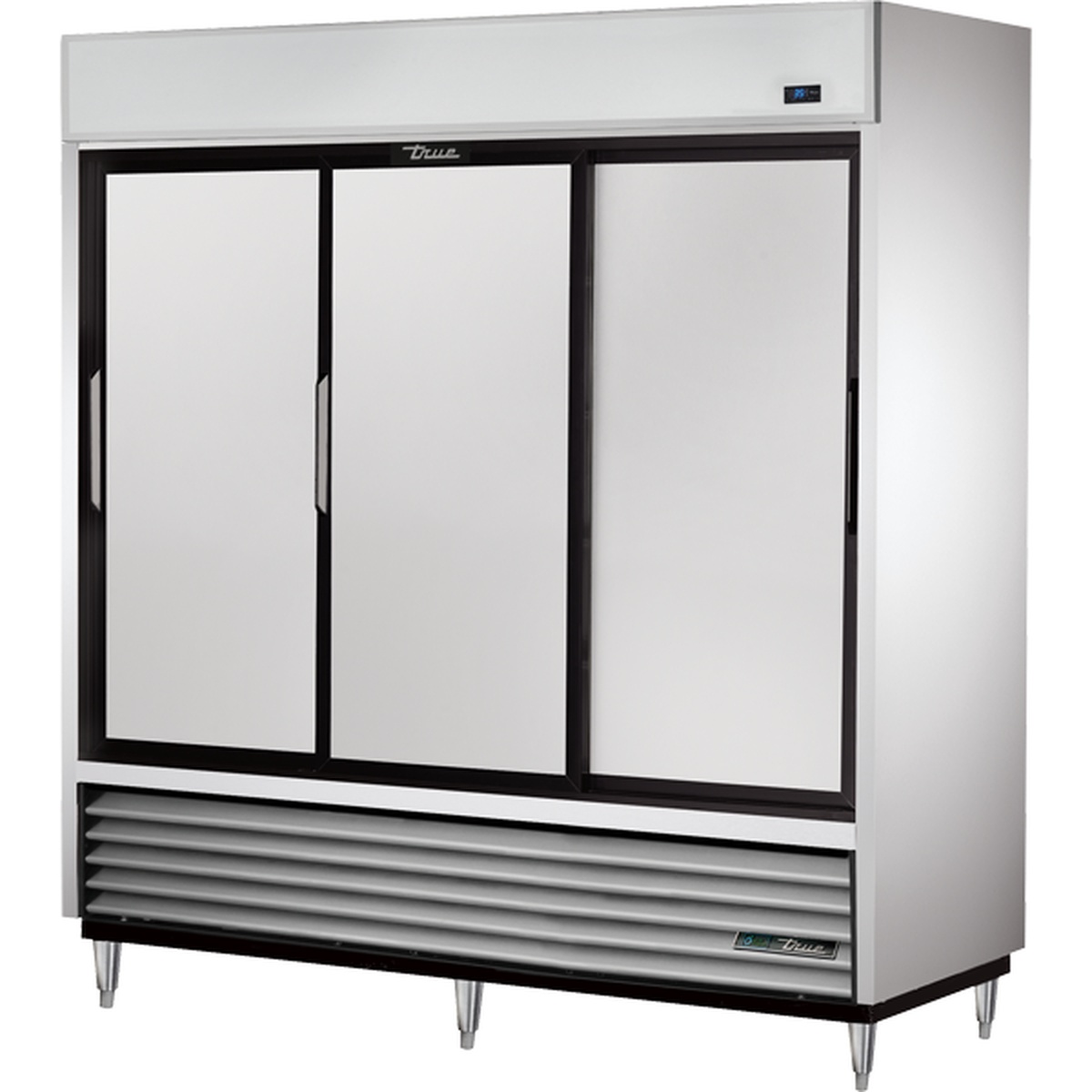 True TSD-69 three-section reach-in solid sliding door refrigerator with stainless steel front and aluminum sides