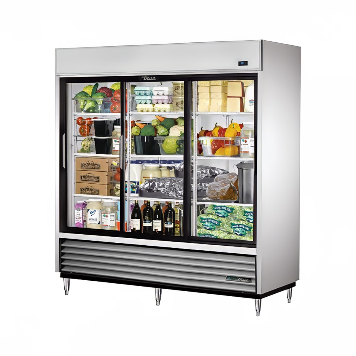 True TSD-69G-LD three-section reach-in refrigerator with three sliding glass doors, stainless steel front, and LED-lit interior stocked with food products