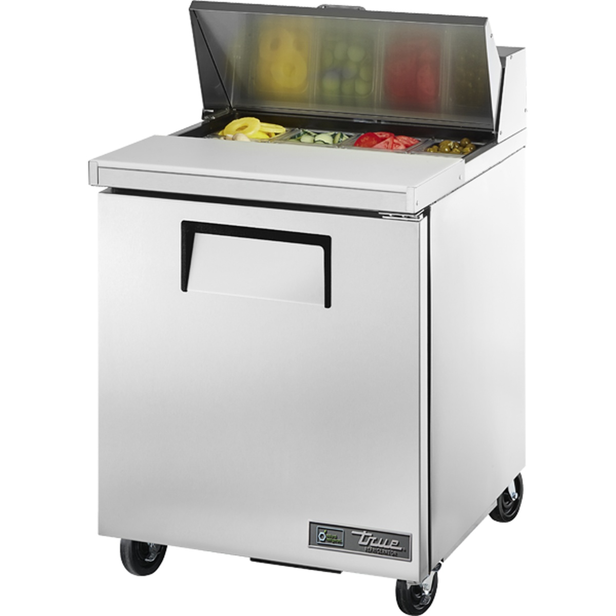 True TSSU-27-08-HC 27-inch sandwich and salad prep table with open insulated lid revealing ingredient pans on top and a single solid door base on casters