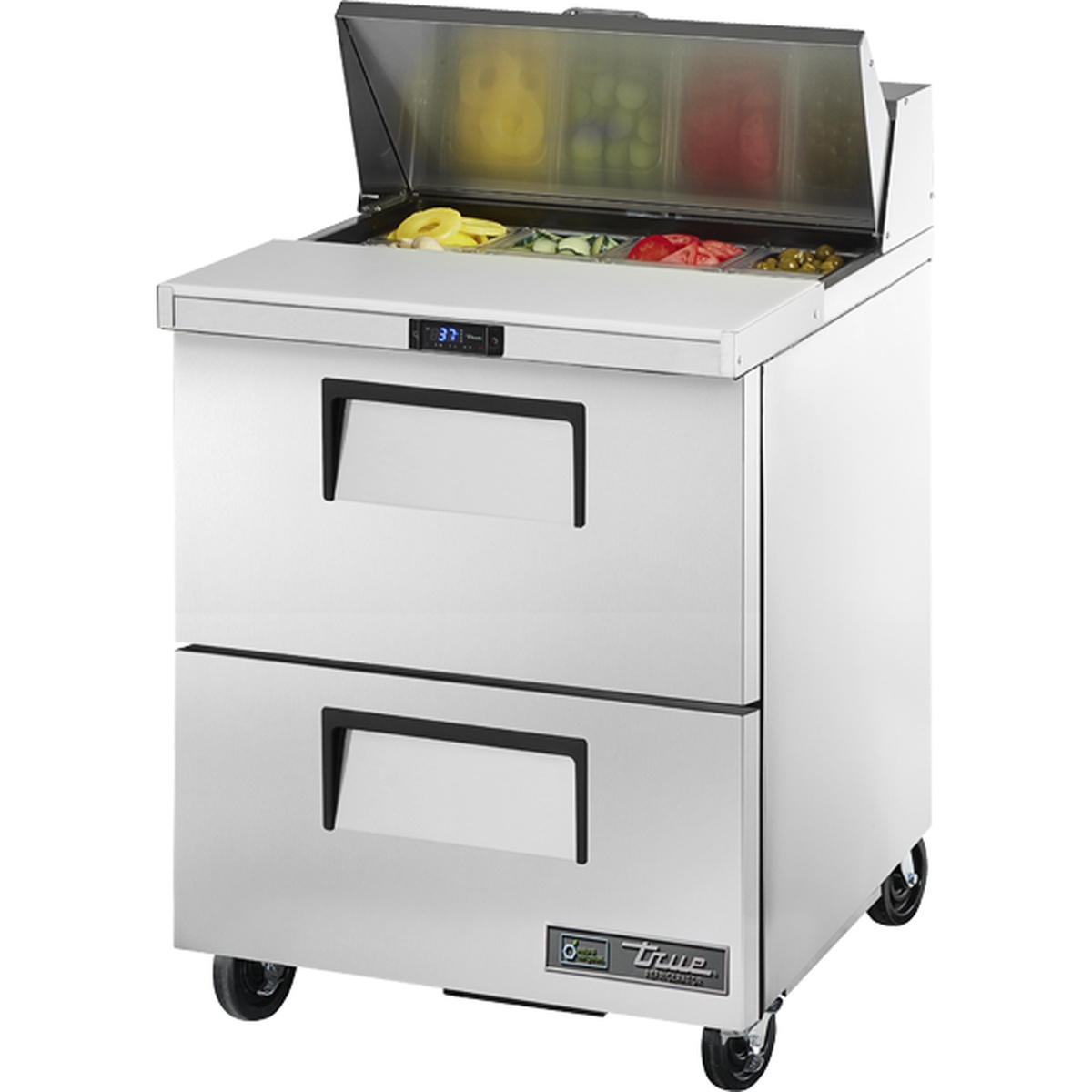True TSSU-27-08D-2-HC 27-inch sandwich and salad prep table with two stainless steel drawers, open insulated lid revealing eight pan cutout loaded with fresh toppings, and exterior digital temperature display