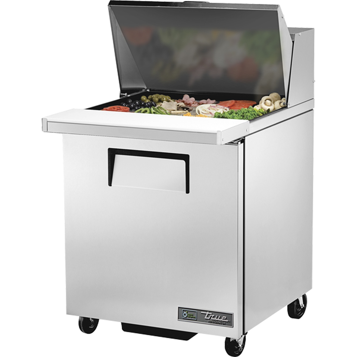 True TSSU-27-12M-B-HC mega top sandwich prep table with lid open showing food pan rail