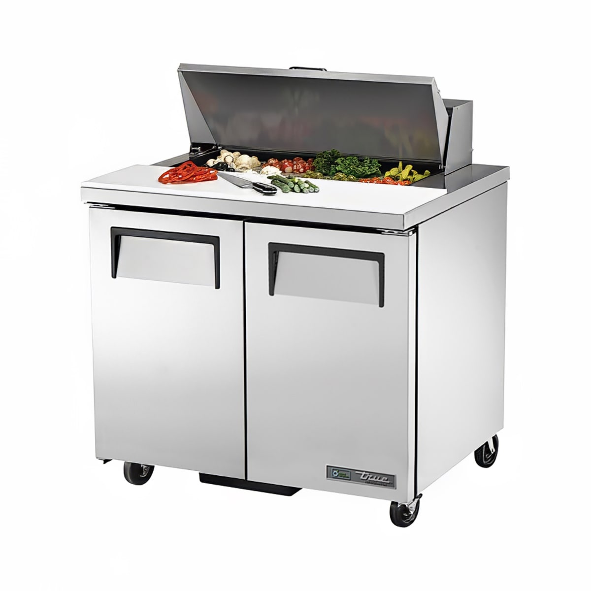 True TSSU-36-08-HC two door refrigerated sandwich prep table with raised lid and ingredient pans
