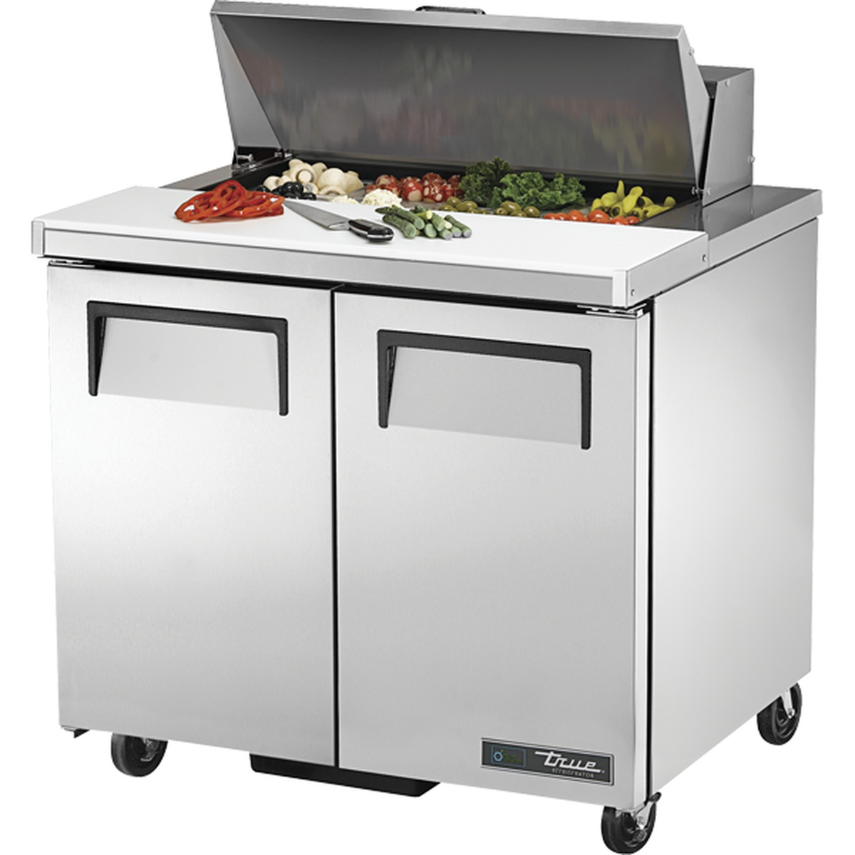 True TSSU-36-08-HC 36-inch sandwich and salad prep table with open insulated lid revealing eight food pans and a white polyethylene cutting board, two solid stainless steel doors below
