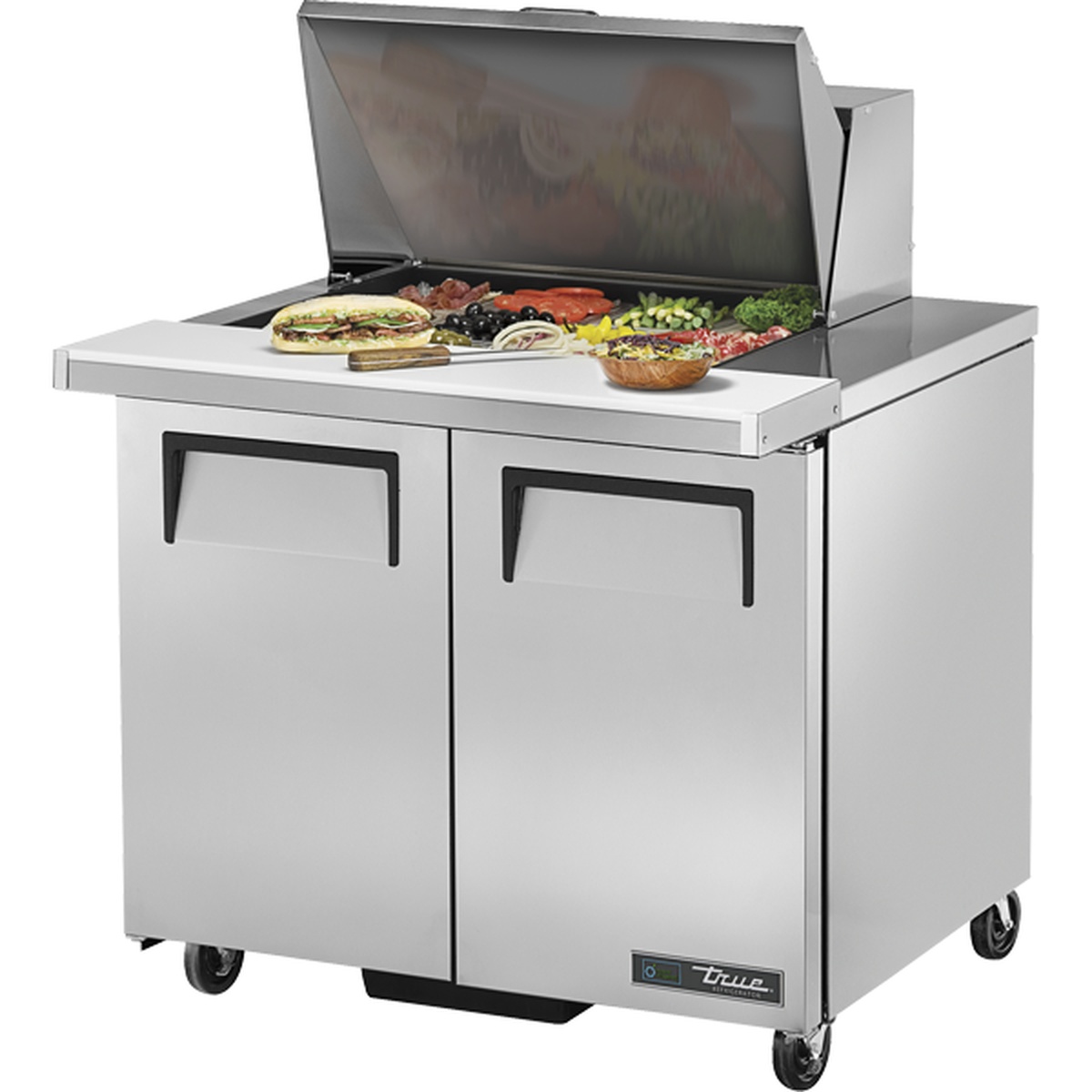 True TSSU-36-12M-B-HC 36-inch Mega Top Sandwich Salad Prep Table with two solid stainless steel doors, open insulated lid, and food pan rail
