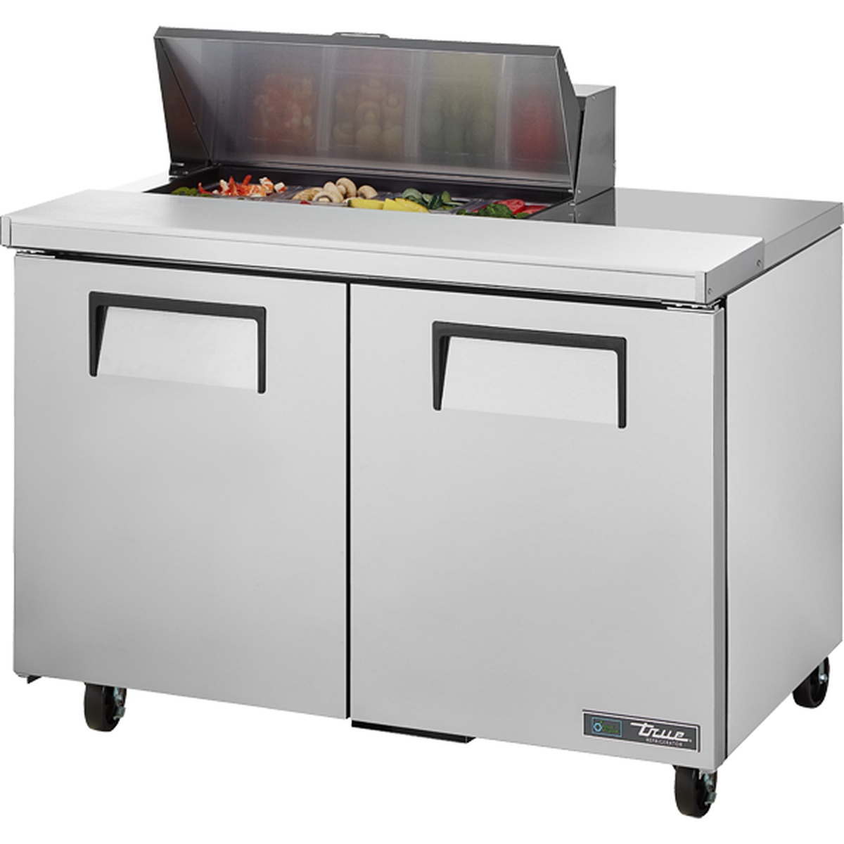 True TSSU-48-08-HC 48-inch two-door sandwich and salad prep table with open insulated lid showing food pans filled with fresh ingredients