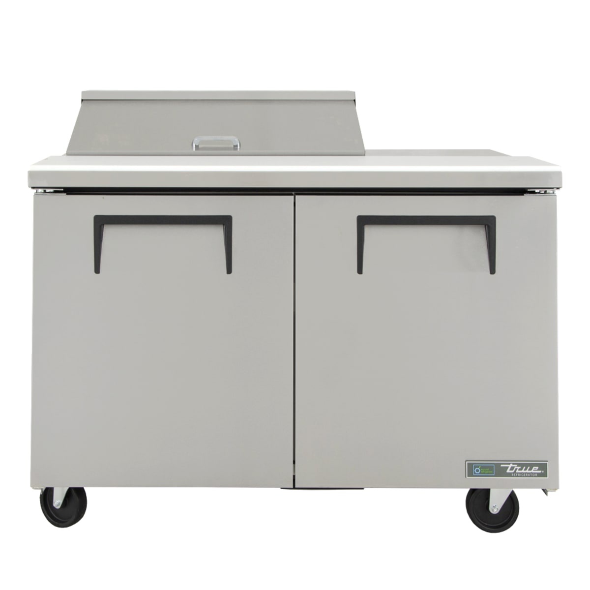 Front view of True TSSU-48-08-HC two-door refrigerated sandwich prep table with casters