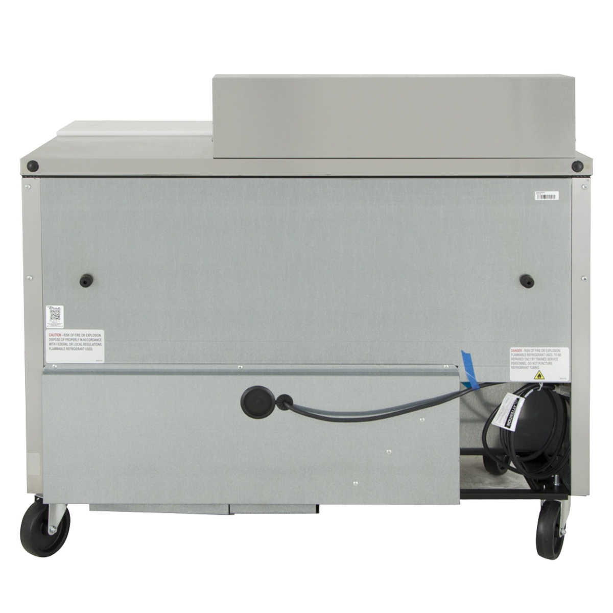 Rear view of the prep table showing back panel and power cord storage area