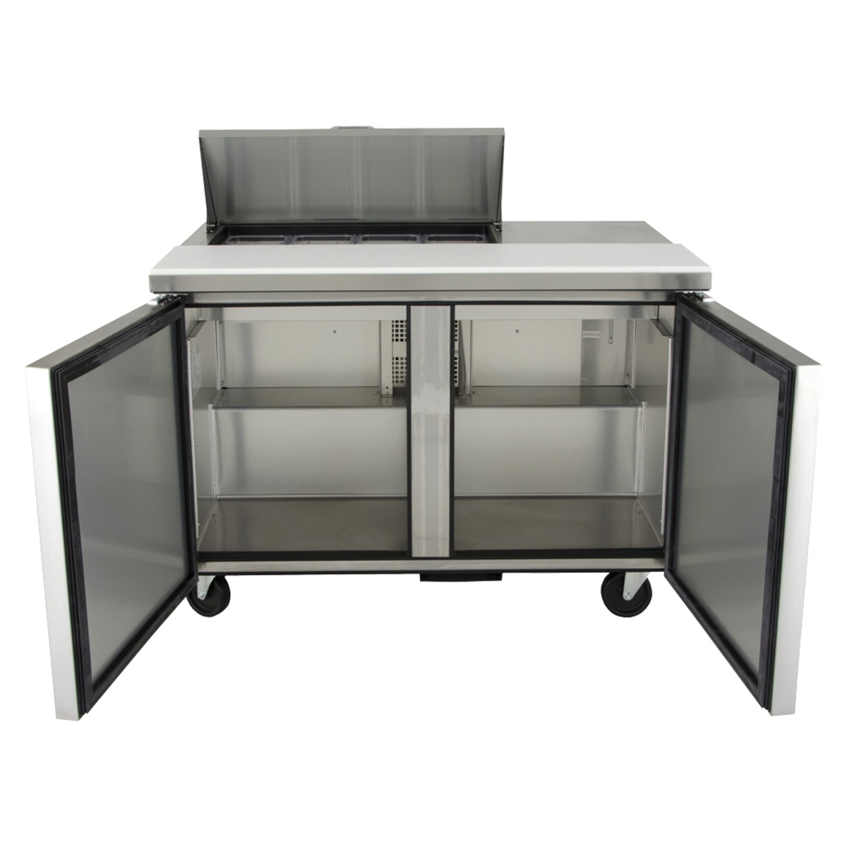 Open base compartment of the prep table showing two doors and interior storage space