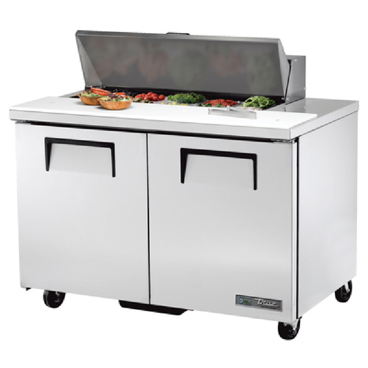 True TSSU-48-10-HC two-door refrigerated sandwich prep table with raised ingredient cover