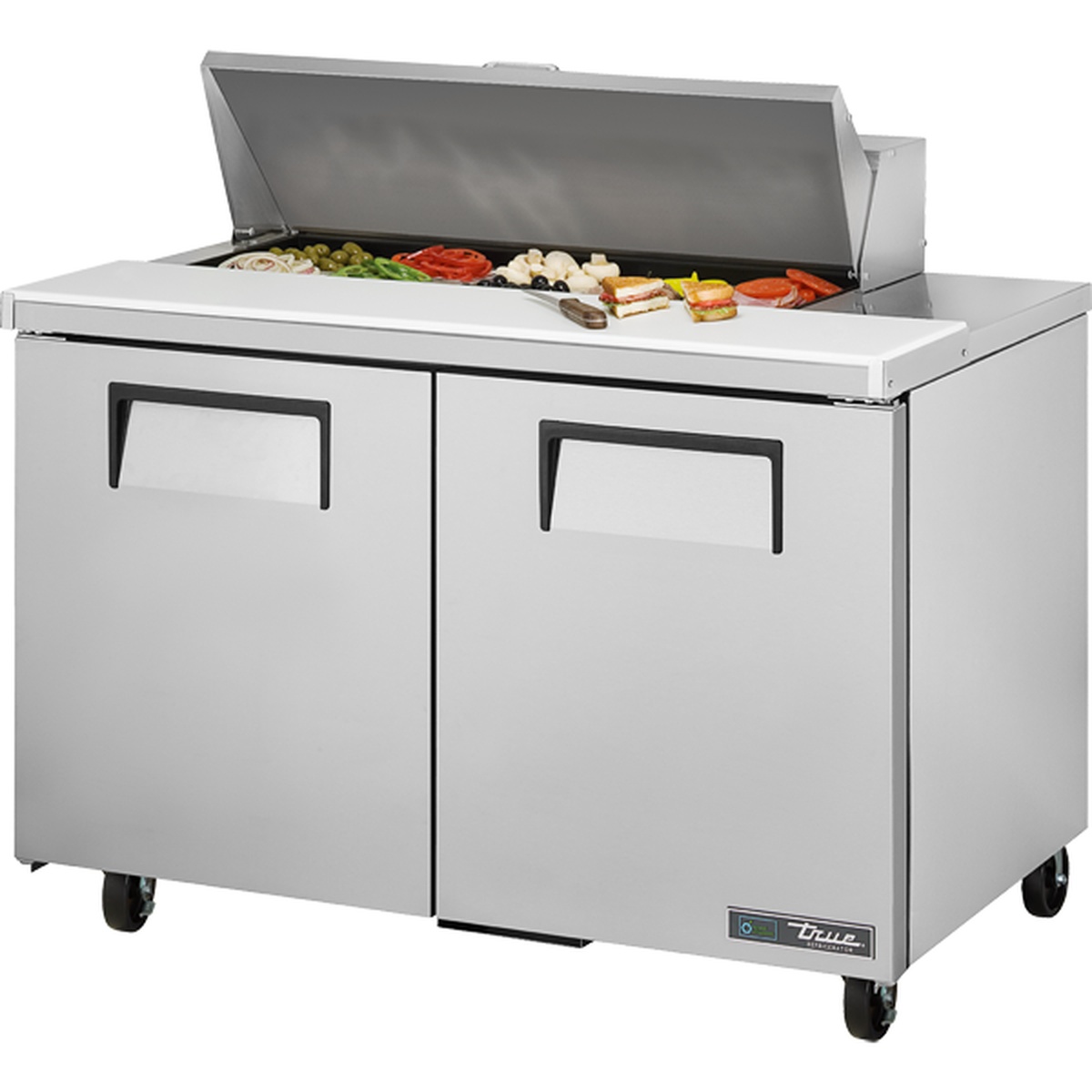 True TSSU-48-10-HC 48-inch two-door sandwich and salad prep table with insulated lid open revealing ingredient pan rail