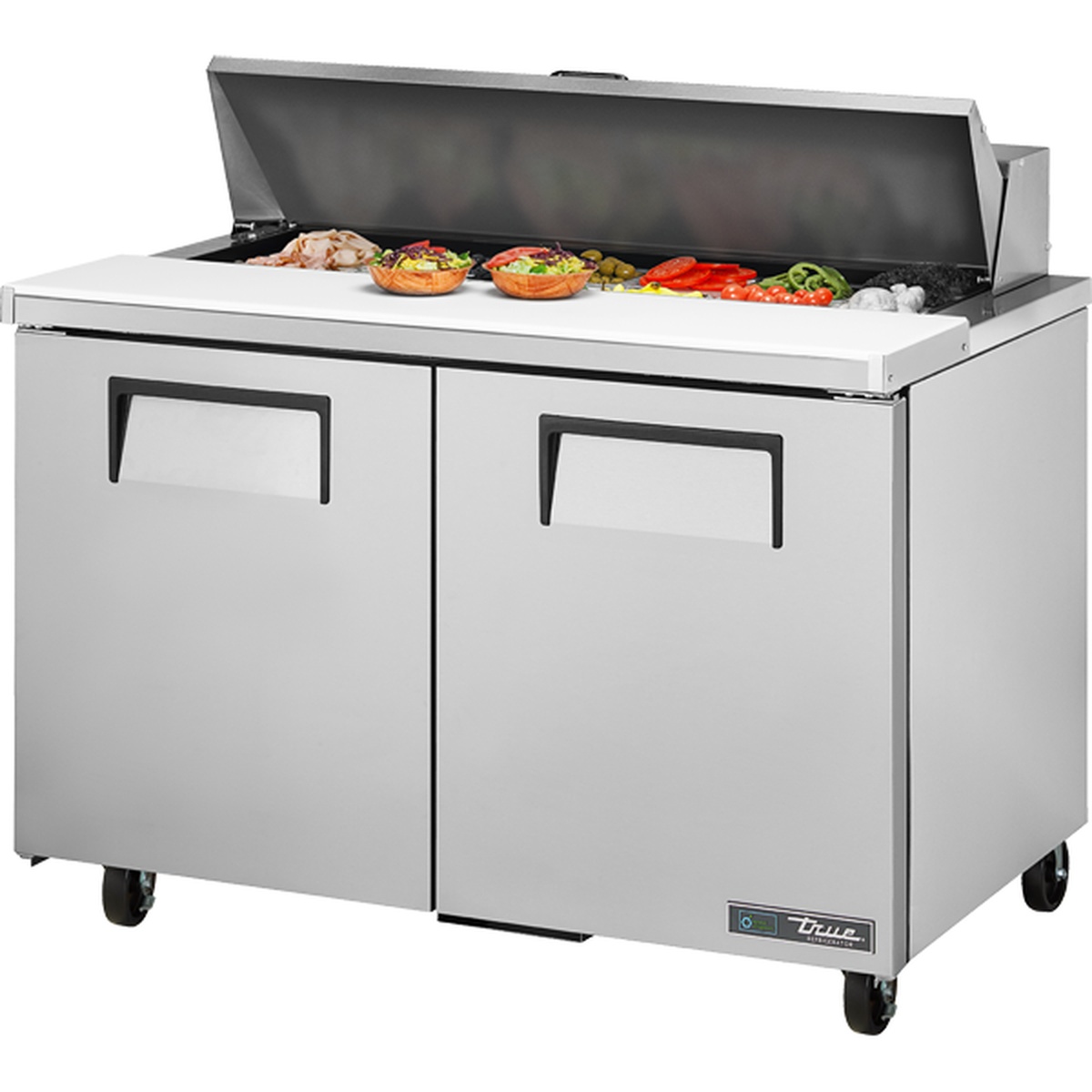 True TSSU-48-12-HC 2-door sandwich and salad prep table with open insulated cover showing ingredient pans on white background