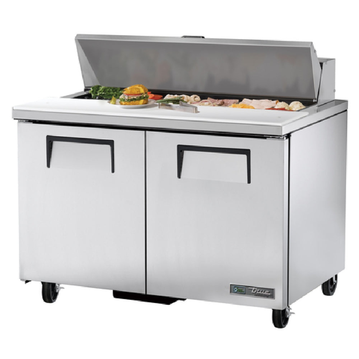 Angled front view of True TSSU-48-12-HC refrigerated prep table on casters