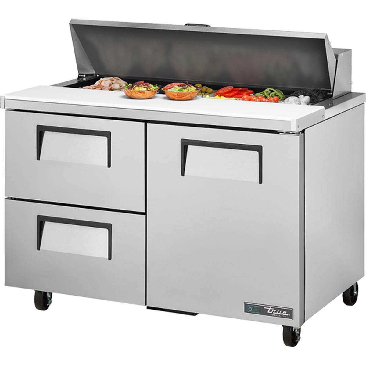 True TSSU-48-12D-2-HC 48-inch refrigerated sandwich prep table with lid open showing food pans, two left-side drawers, and one right-side door, stainless steel exterior with casters