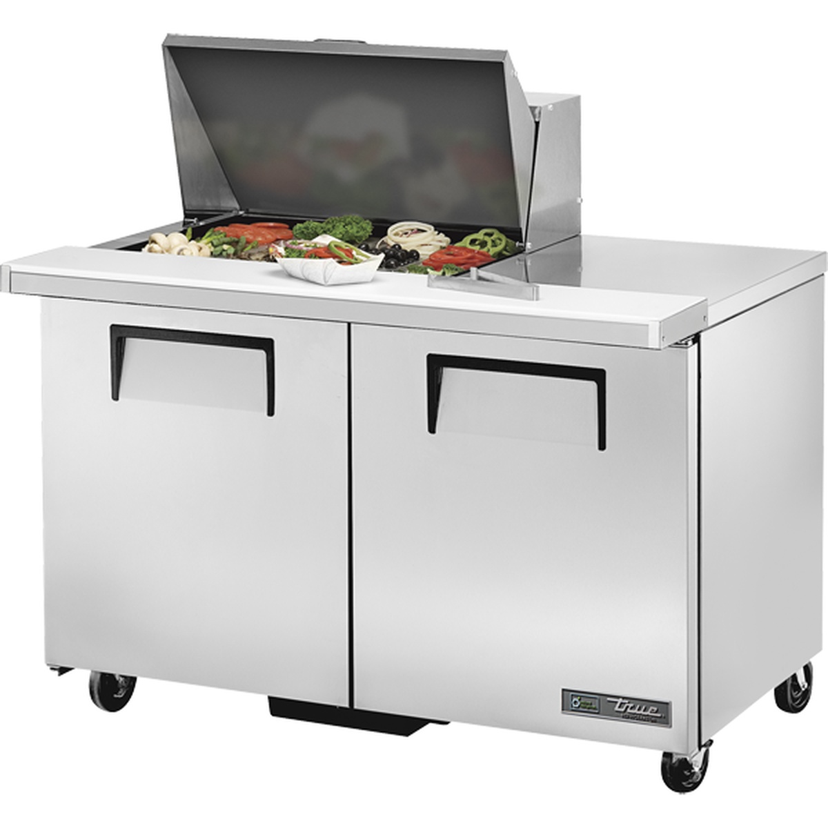 True TSSU-48-12M-B-HC 48-inch mega top sandwich and salad prep table with insulated lid open revealing 12 food pans, stainless steel two-door base on casters