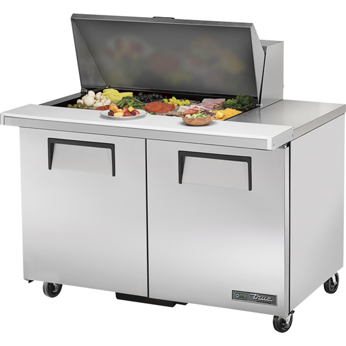 True Manufacturing TSSU-48-15M-B-HC Mega Top Sandwich/Salad Unit with insulated lid open, revealing food pan rail on stainless steel countertop and two solid doors below