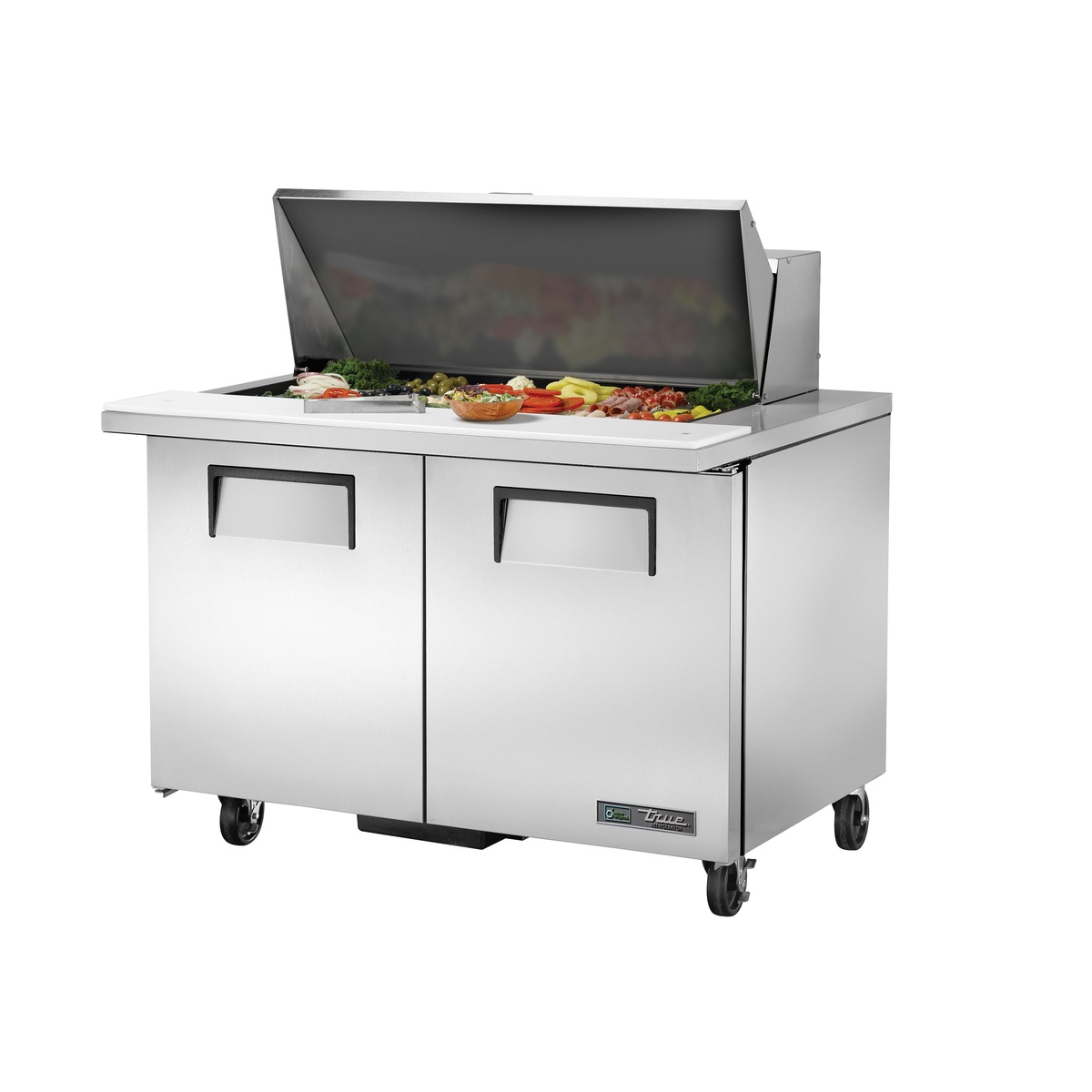 True TSSU-48-18M-B-HC mega top sandwich and salad prep table with lid open