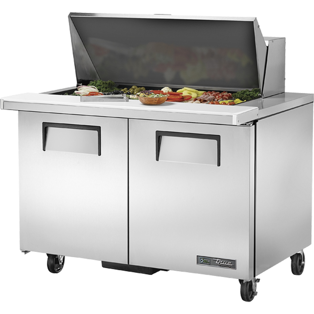 True TSSU-48-18M-B-HC 48-inch mega-top sandwich and salad prep table with stainless steel exterior, open insulated lid, and ingredient pans on white background