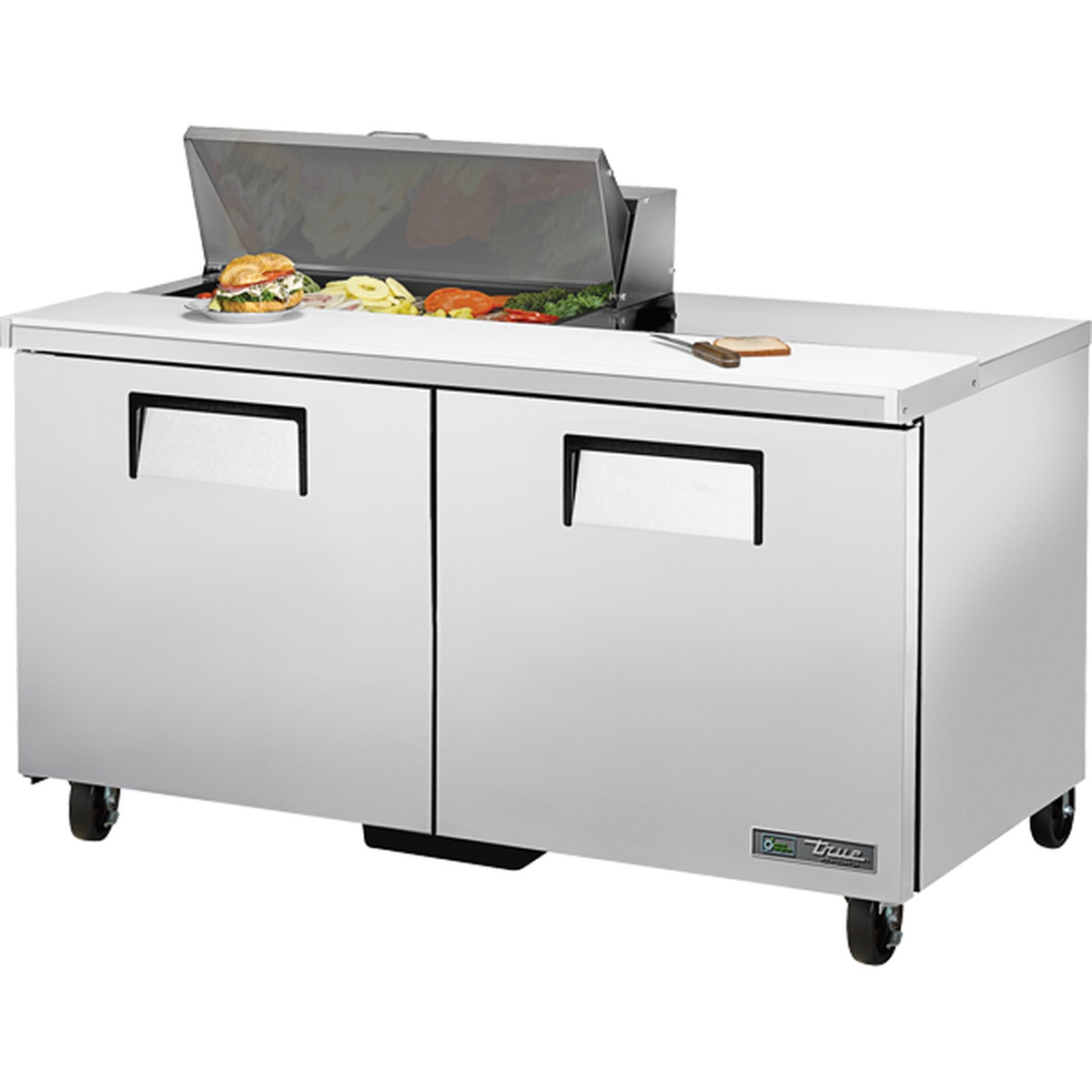 True TSSU-60-08-HC 60-inch two-door refrigerated sandwich and salad prep table with insulated lid open revealing ingredient pans