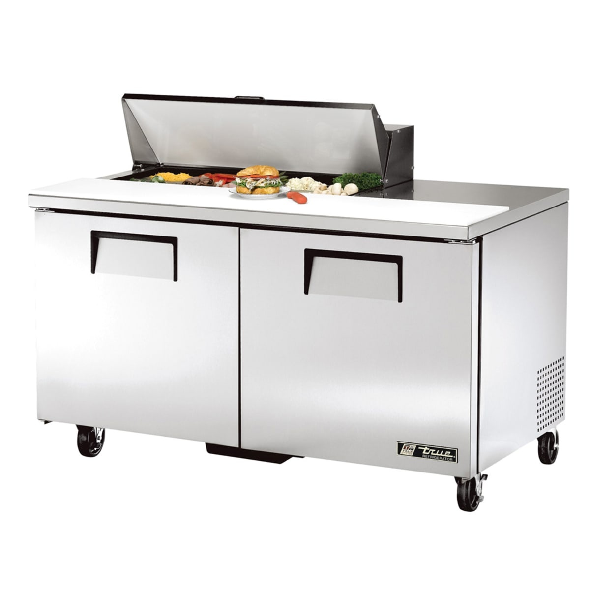 True TSSU-60-10-HC 60-inch two-door stainless steel sandwich and salad prep table with open insulated lid showing food pans