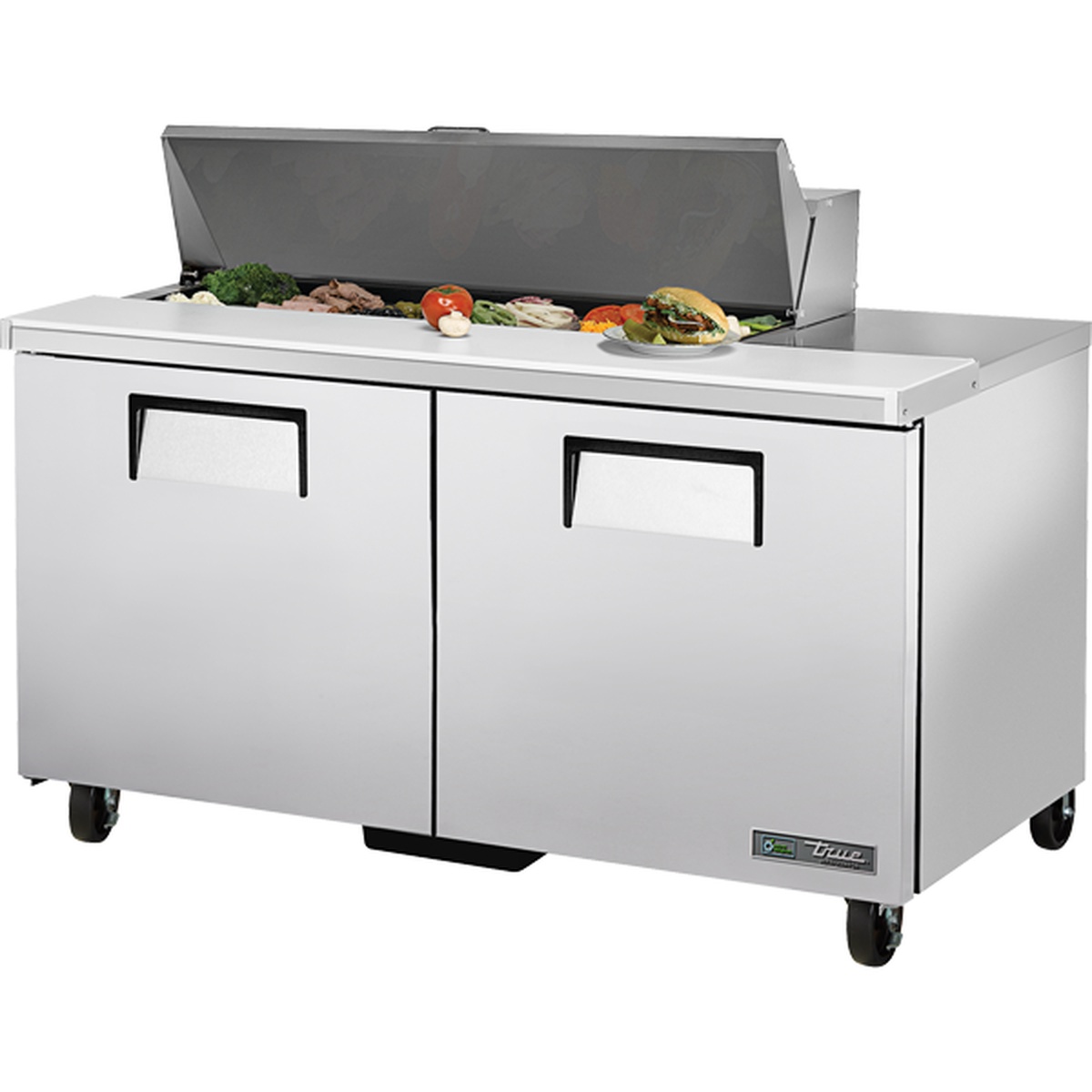 True TSSU-60-12-HC 60-inch sandwich salad prep table with insulated hood open, two solid stainless steel doors, and caster wheels