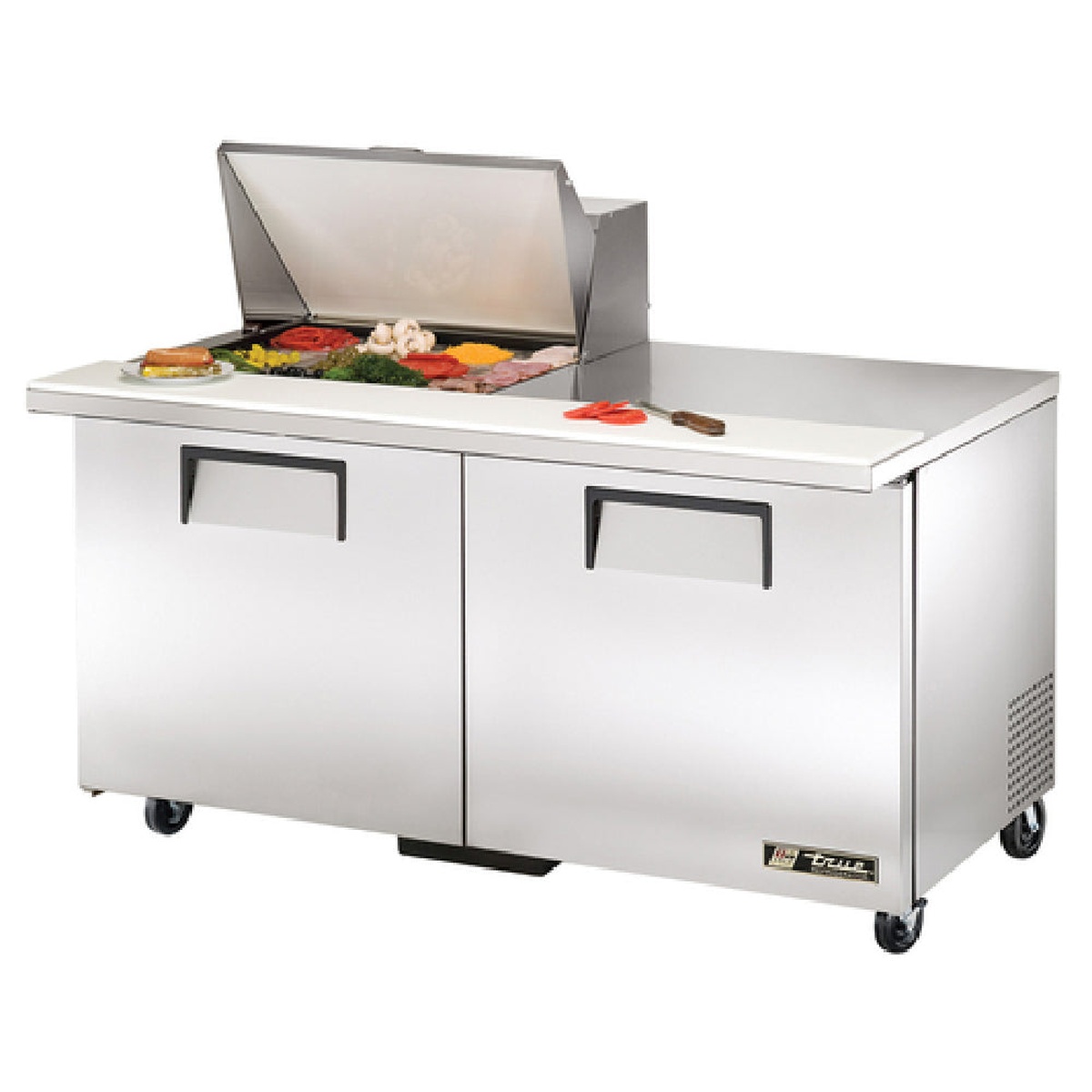 True TSSU-60-12M-B-HC two-door mega-top sandwich prep table with raised lid and ingredient pans