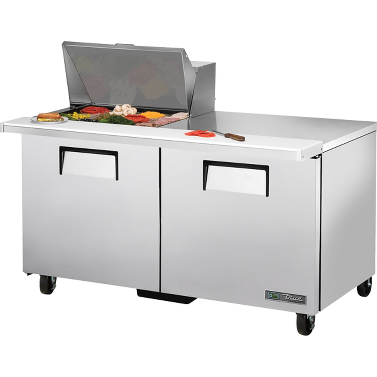 True TSSU-60-12M-B-HC 60-inch two-door mega top sandwich and salad prep table with stainless steel exterior and open insulated lid showing pan compartments