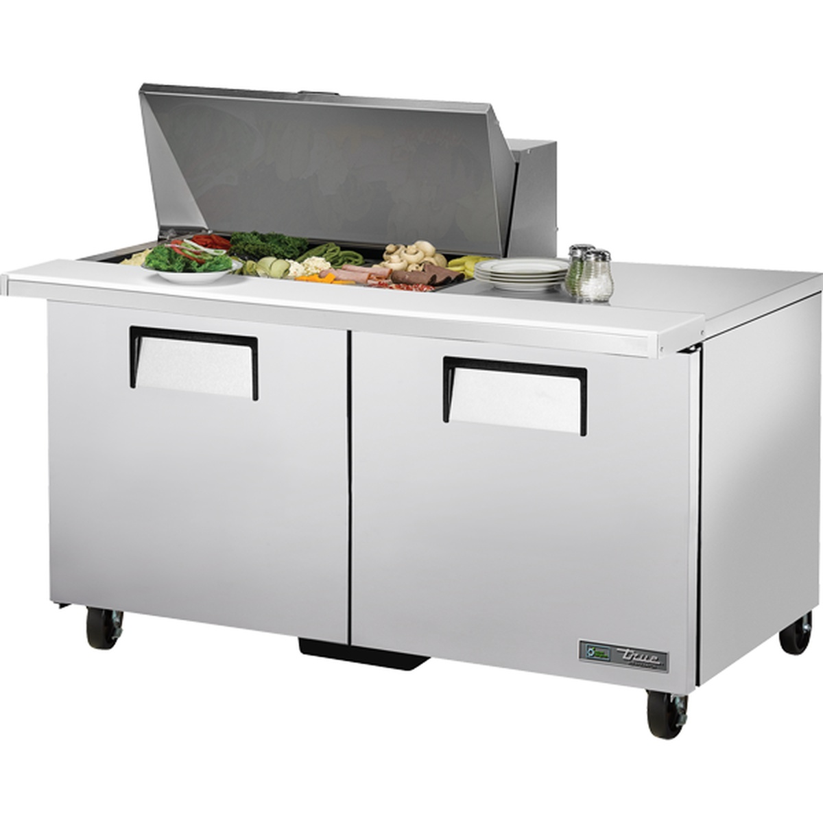 True TSSU-60-15M-B-HC 60-inch mega-top sandwich prep table with open insulated lid, 15 food pans loaded with fresh toppings, and two solid stainless steel doors