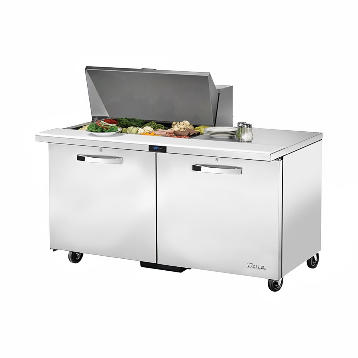 True TSSU-60-15M-B-HC two-door mega top sandwich prep table with raised pan cover
