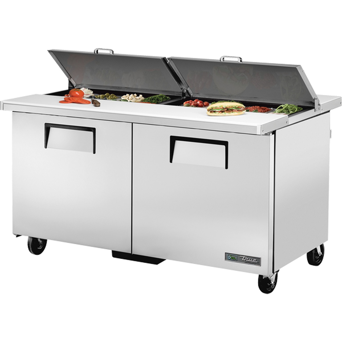 True TSSU-60-16-DS-ST-HC 60-inch dual-sided refrigerated sandwich prep table with lids open showing food pan cutout and two-door refrigerated base on casters
