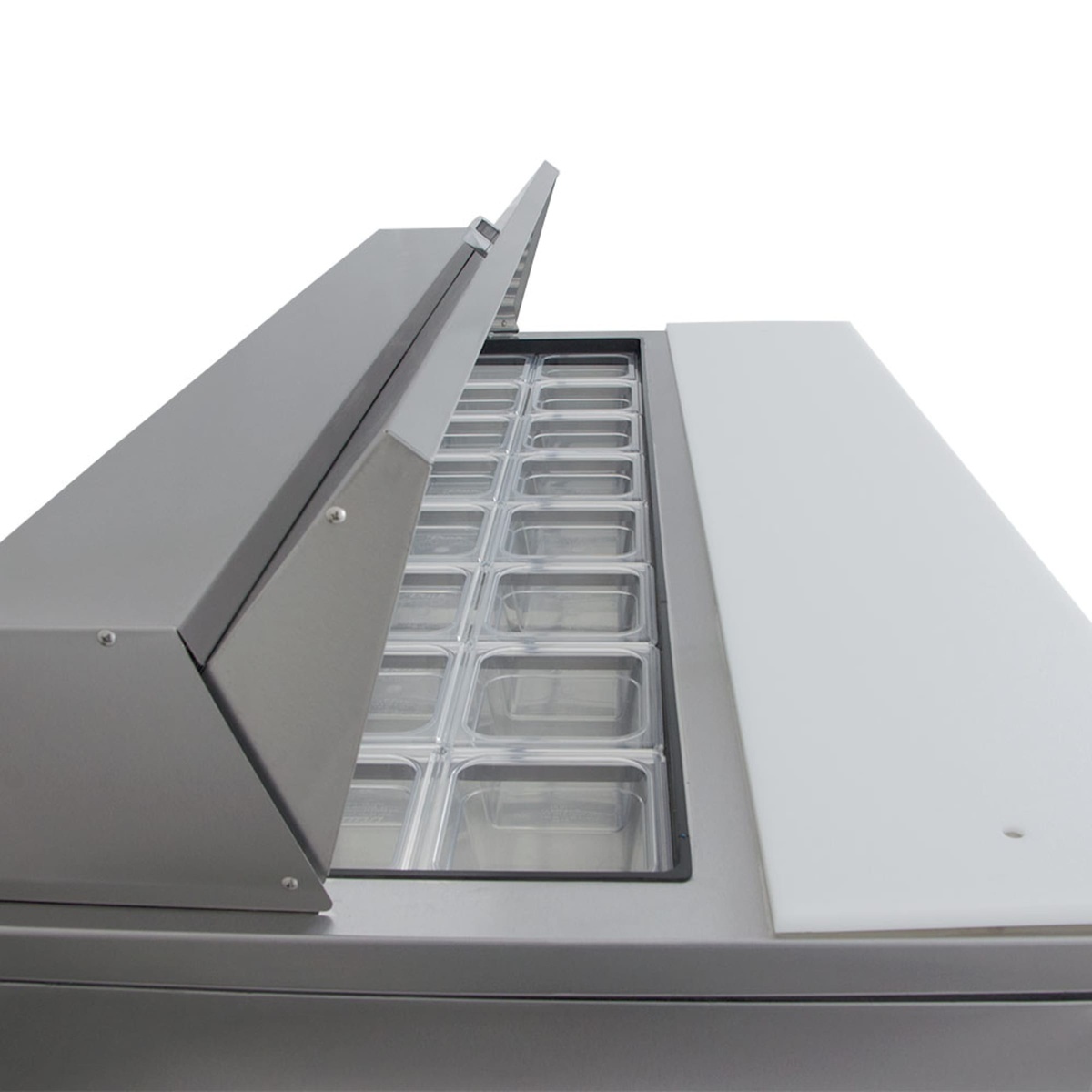 Close-up of True TSSU-60-16-HC pan rail with multiple sixth-size food pans under hinged lid