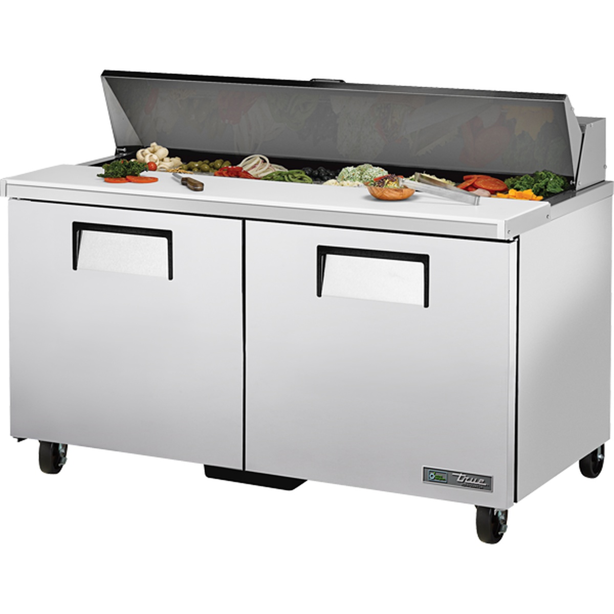 True TSSU-60-16-HC 60-inch 2-door refrigerated sandwich and salad prep table with open insulated lid revealing multiple ingredient pans